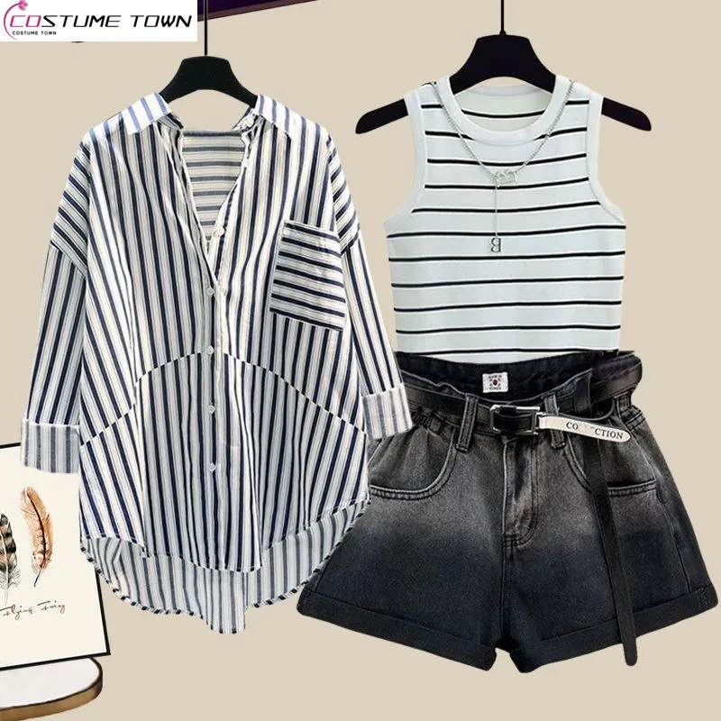 Large Women's Spring/Summer Versatile 2024 New Sunscreen Shirt Slimming Tank Top Denim Shorts Three piece Set