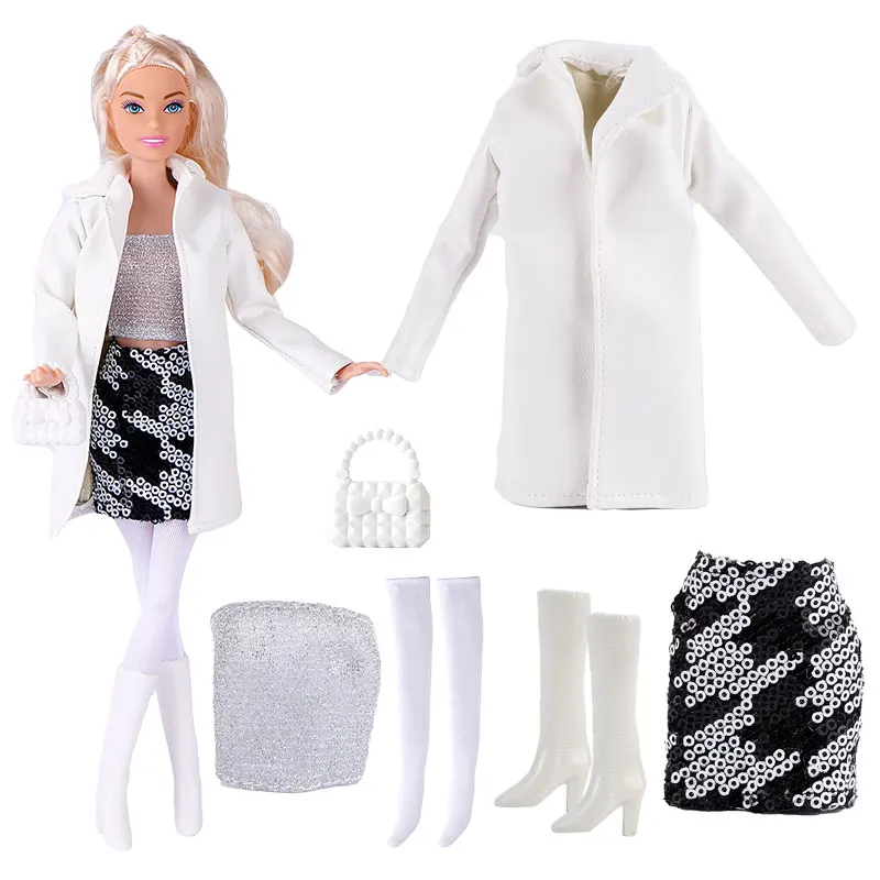 Chic Leather Dress and Fashion Coat Doll Outfit with Accessories