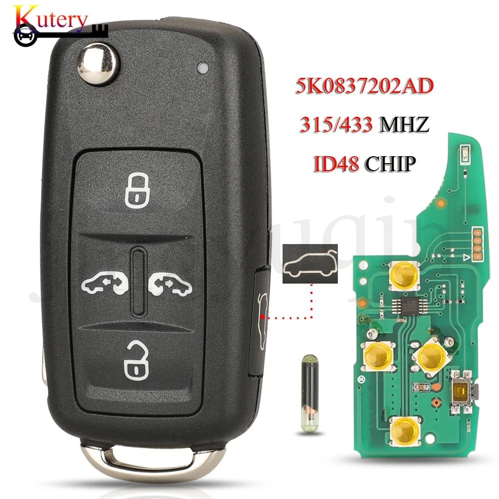 

jingyuqin 5PCS/Lot 5K0837202AD 7N0837202K/F/AE Remote Smart Car Key For VW Caravelle Sharan Multivan 315/434MHZ ID48 Chip