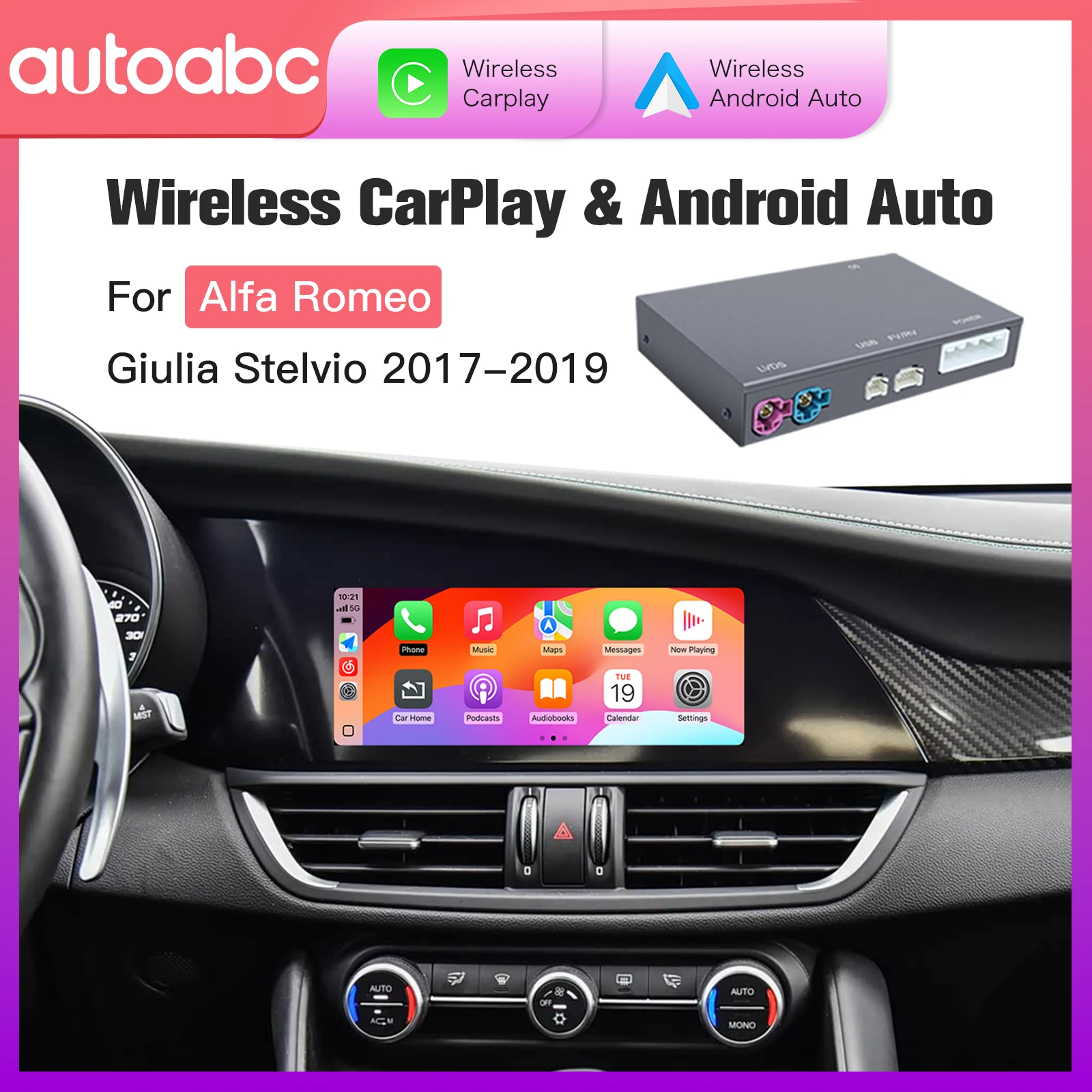 AUTOABC Wireless CarPlay Android Auto for Alfa Romeo Stelvio / Giulia 2017-2019 Upgrade Accessories Support Original Car Camera