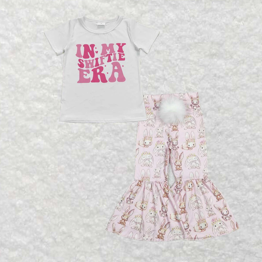 

Оптовая продажа, Лидер продаж, одежда для маленьких девочек, пасхальный белый топ с коротким рукавом и буквами, с цветами, Кроликом, меховым хвостом, розовые брюки