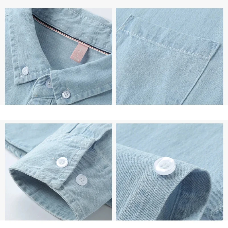 Cotton Comfortable Denim Shirt Men Autumn New Fashion Slim Long-sleeved Male Shirt Streetwear Classic Black Light Blue