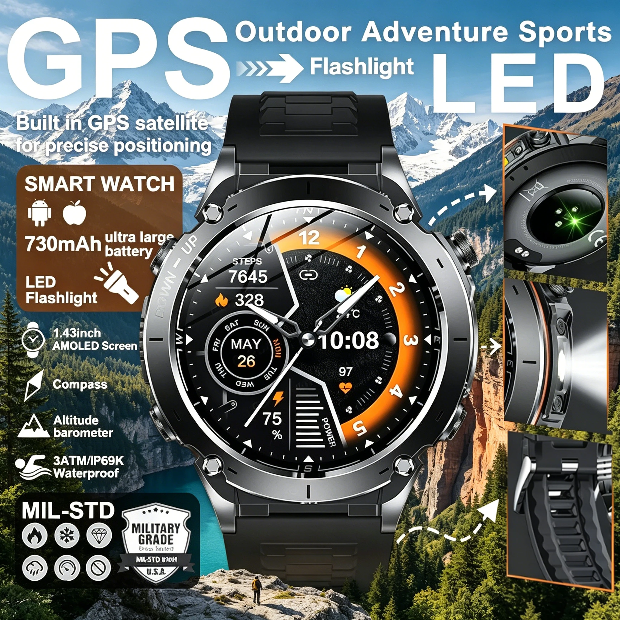 2026 Men gift GPS Track Smart Watch Flashlight 730mAh Large Battery Bluetooth Call 3ATM Waterproof Military AMOLED HD Smartwatch 1