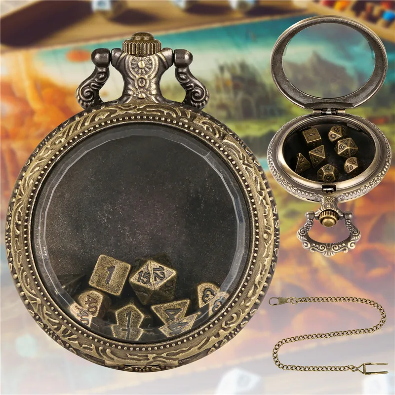 Steampunk 7 Teile/satz Metall Polyedrische Würfel Rollenspiel Gaming Würfel mit Transparent Taschenuhr Fall Anhänger Kette Gaming Geschenk – Detail 2