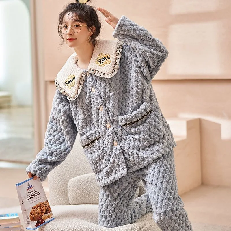 2024 New Coral Fleece Pajamas Women Autumn Winter Nightgown Thickened Warm Sleepwear Simple Girls Polo Collar Home Clothing Set