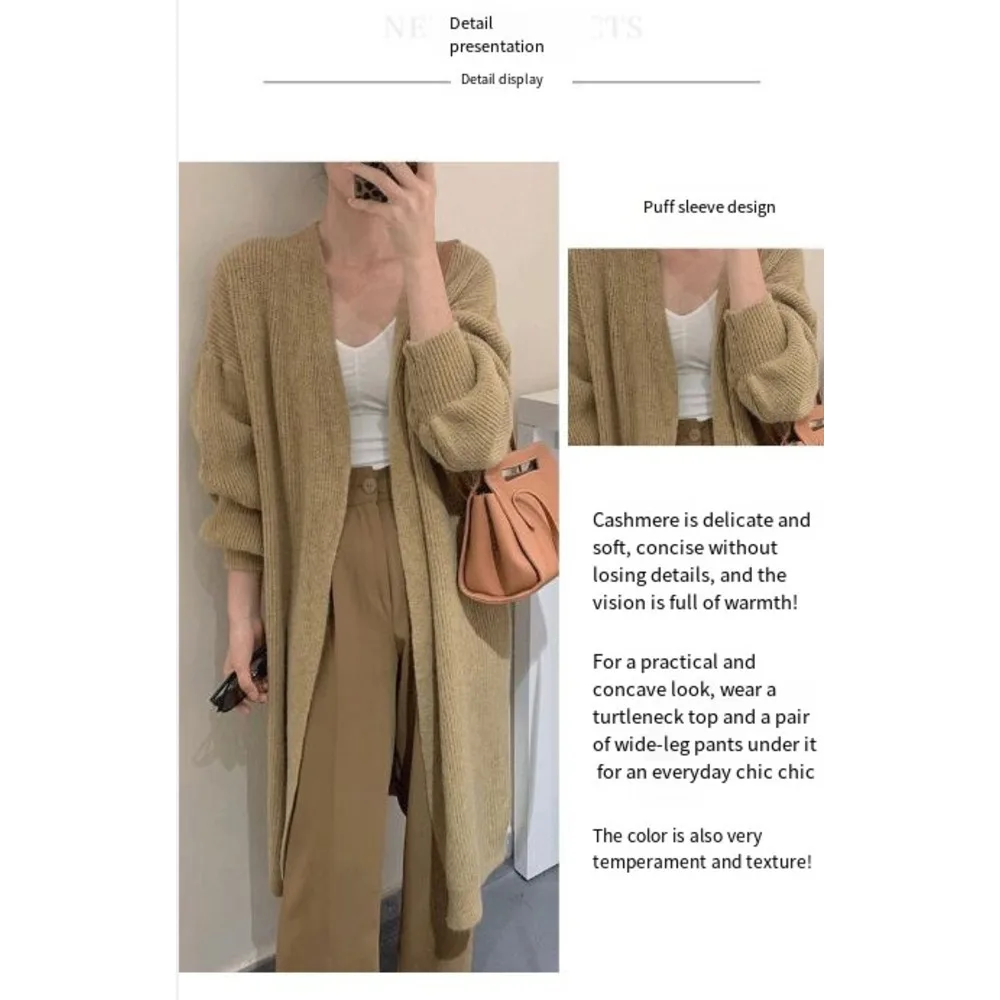V-neck long spring and autumn cashmere knitted cardigan warm pure color simple temperament jacket lazy shawl sweater_voghion.com