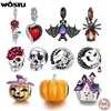 WOSTU 925 Sterling Silver Halloween Collection Red Rose Flower Skull Charms Black CZ Witch Bat Bead fit DIY Bracelet Bangle Punk 1