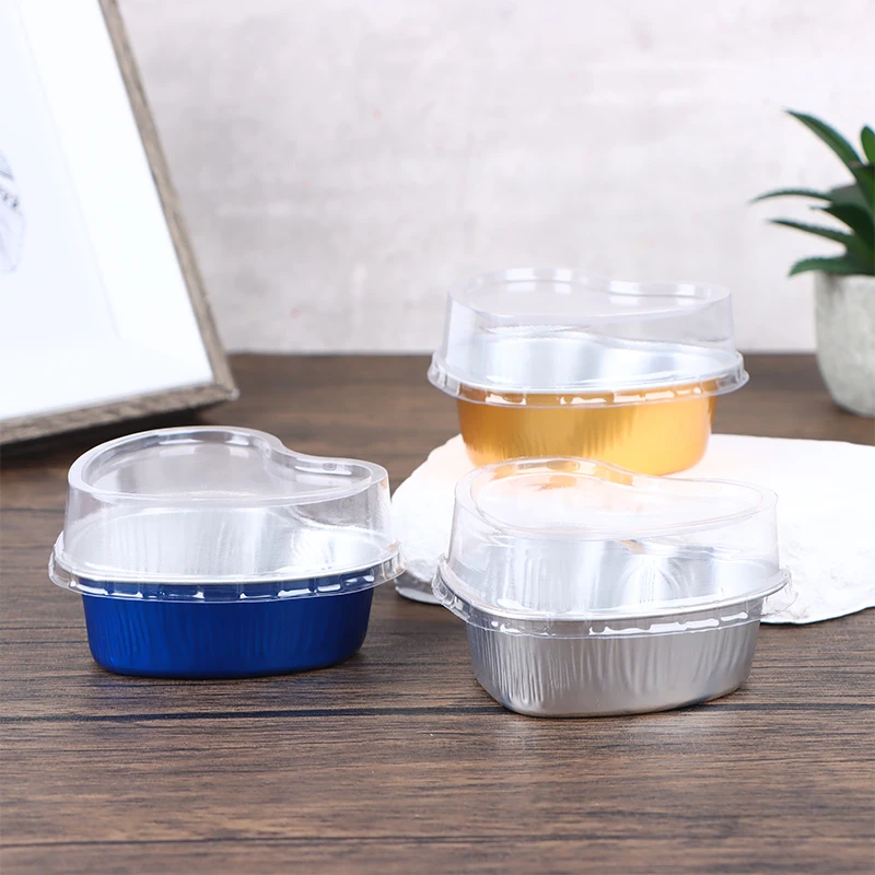 Heart Shaped Aluminum Foil Cake Pan 10Pcs baking supplies cake tools cake decorating kit With Lid Pudding Cupcake Cup Baking Cheese Tools Mould Kitchen Accessories