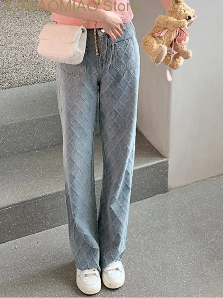 New Blue Fashion Loose Jeans Women Pockets Korean Style Designer Straight Pants Female High Waist Casual Denim Pants