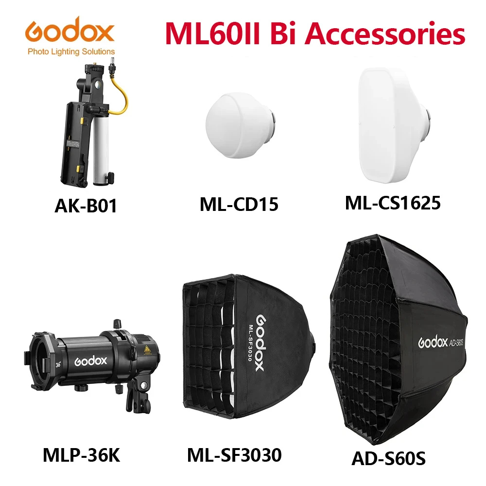 Godox ML60II Bi Accessories AK-B01 AK-B02 Battery Adapter ML-CD15 Diffusion Dome ML-SF3030 AD-S60S Softbox MLP36K Spotlight Lens