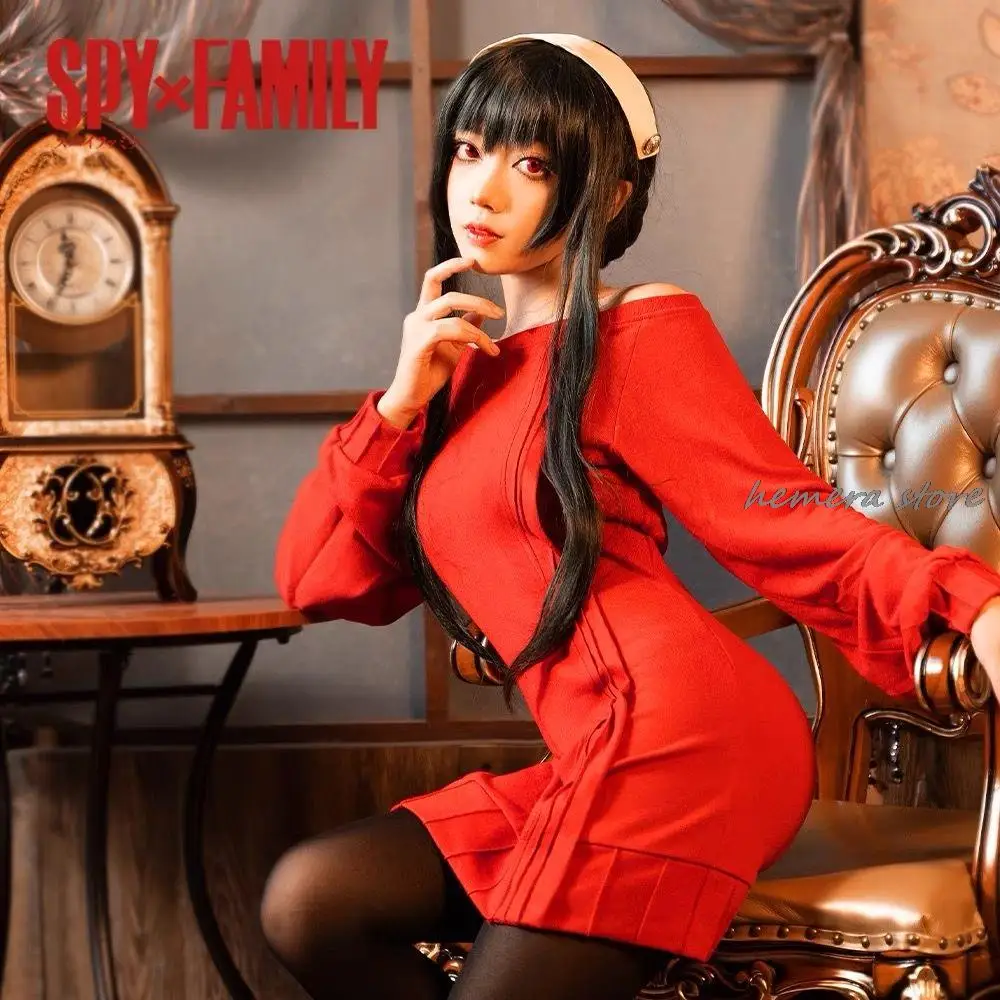 

Yor Forger Cosplay Long Red Knitting Sweater Costume Outfit Anime Spy Family Assassin Gothic Wear Yor Briar Earring Long Hair