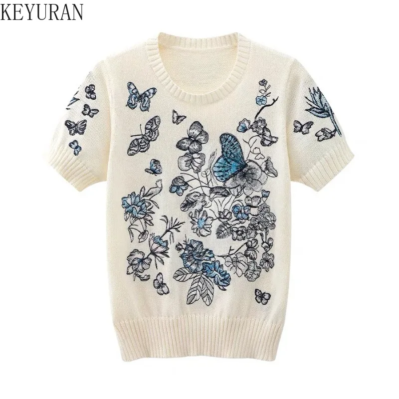 Spring Summer Butterfly Flower Embroidery Sweaters Women's Knit T-Shirt Design Runway O-Neck Short Sleeve Pullover Sweater Mujer