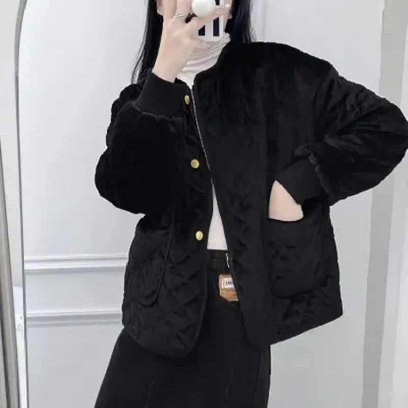 

New Black Pop Design Sense Diamond Check Fleece Short Coat Women Long Sleeve O-Neck Fashion Casual Cotton-padded Clothes