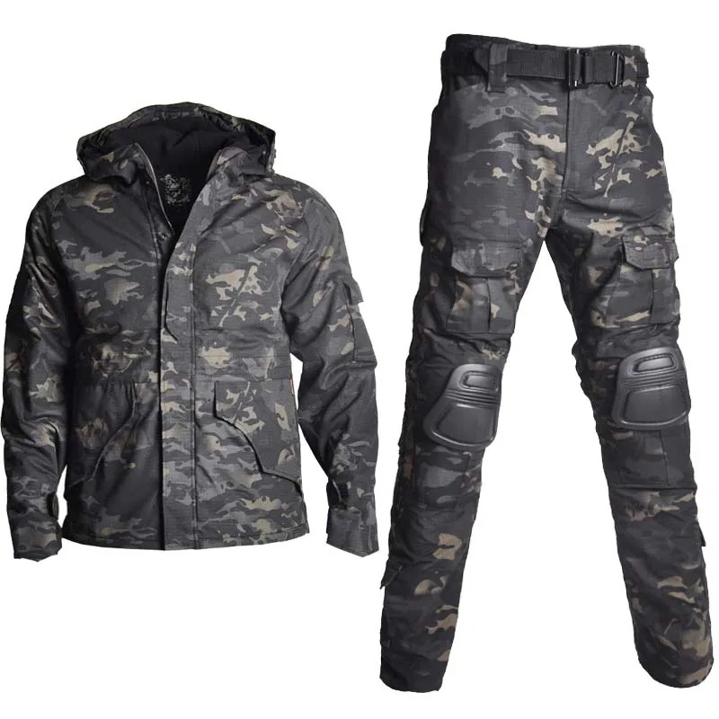 Tactical Suit Tactical Men Jackets Men's Outdoor Pants Military Clothing Camo Jacket Man Hunting Clothes Combat Uniform Coat Hooded Work Army Suit Pants + Pads