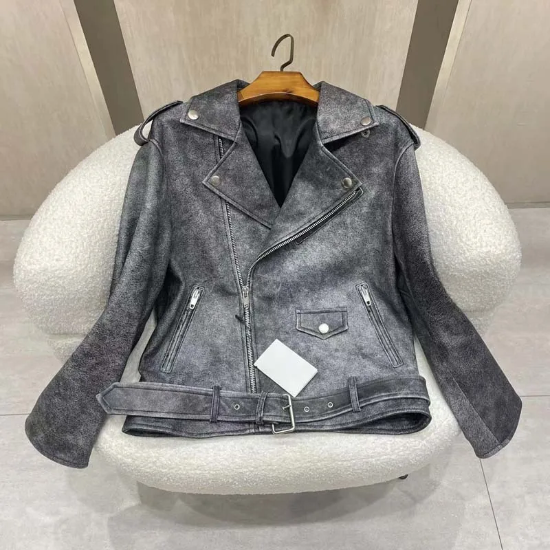 

Genuine Leather Jacket Turn-Down Collar Women Coat Spring And Autumn 2023 New arrival Moto & Biker Drop-Shoulder SLeeve
