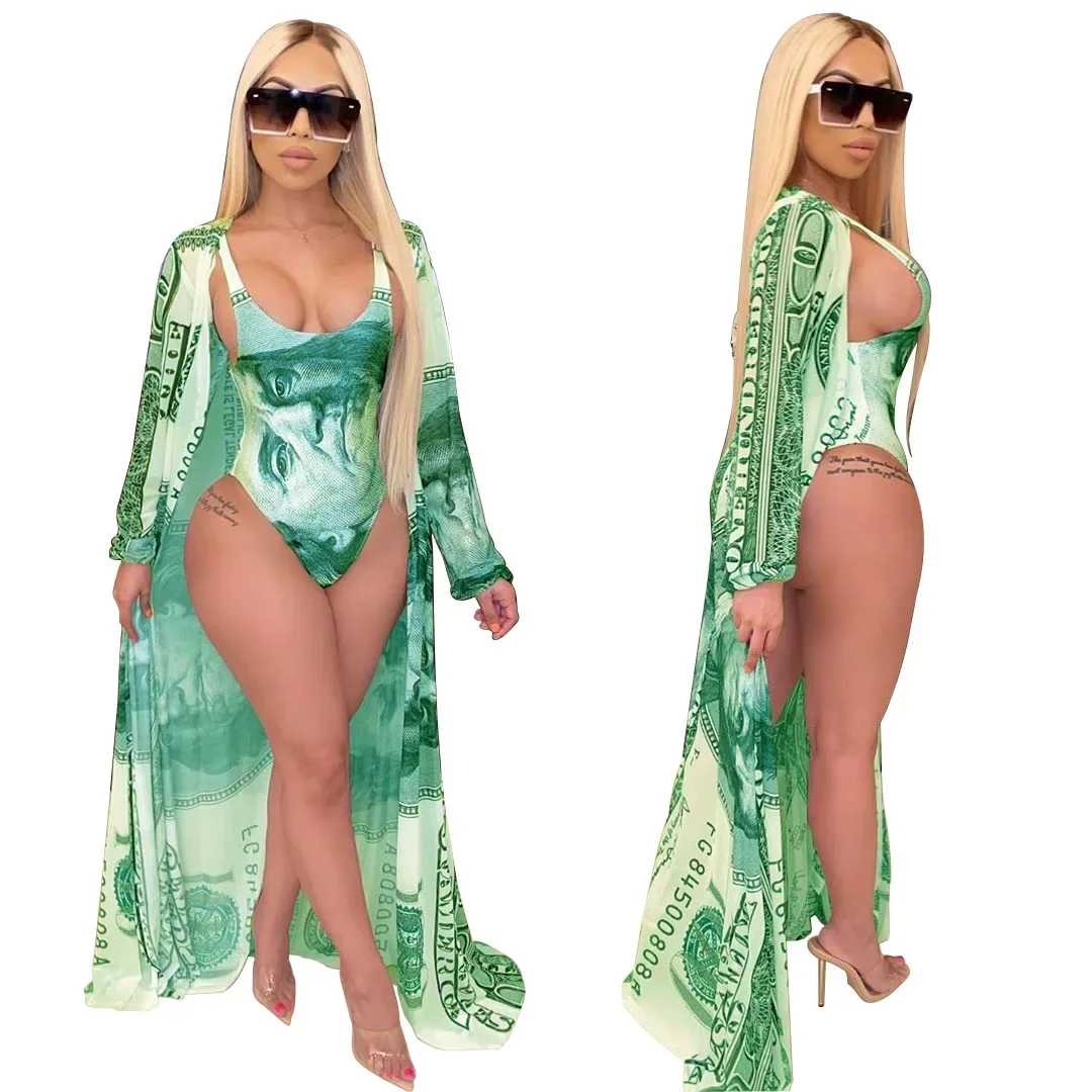 Fashion Sexy Dollar Print One Piece Bikini + Cloak Set Swimming Wading Sports Women's 2022 Summer New Hawaii Swimwear 2pcs Suit