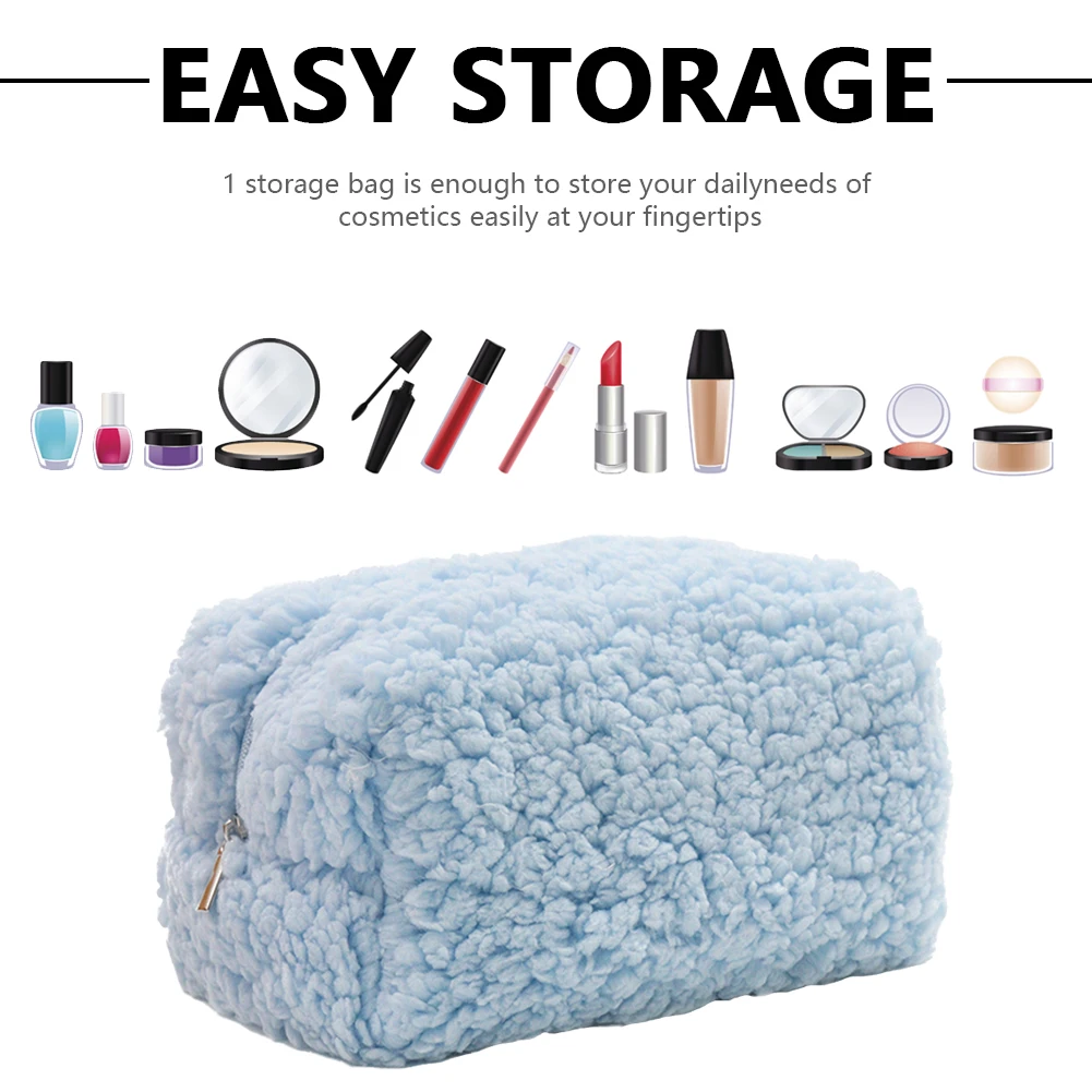 Lambswool Plush Soft Storage Pouch with Zipper Portable Cosmetic Bag Solid Color for Women Girls for Toiletries Accessories