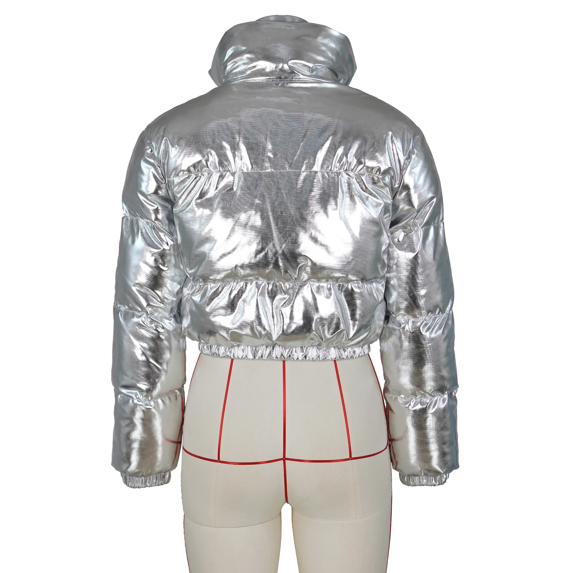 ANJAMANOR Silver Glossy Puffer Jacket Zip Up Shiny Bubble Coat Streetwear Women Clothing Winter Baddie Clothes D48-FH59