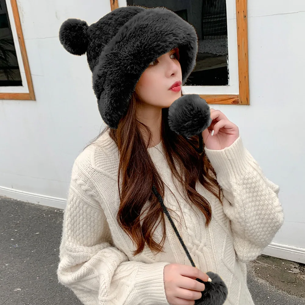 Women Outdoor Cold-proof Thicken Knitted Cap Pom Pom Ball Hats Faux Fur Beanies  Hat Winter Warm WHITE 