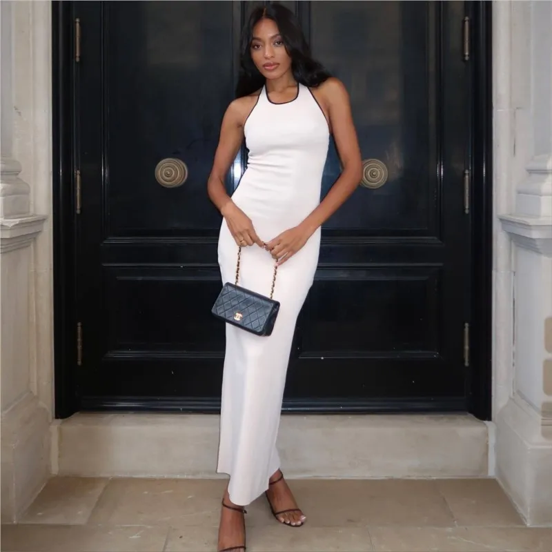 

Женское длинное пляжное платье, трикотажное платье из полиэстера с принтом кролика, с открытой спиной и воротником-стойкой, лето 2024