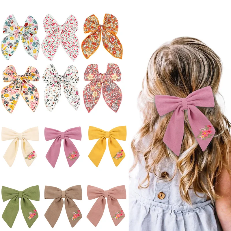 

4pcs/set Fable Bow Hair Clips for Baby Girls Hairbow Toddler Kids Large Tails Embroidered Hair Bows Baby Accessories Hairgrips