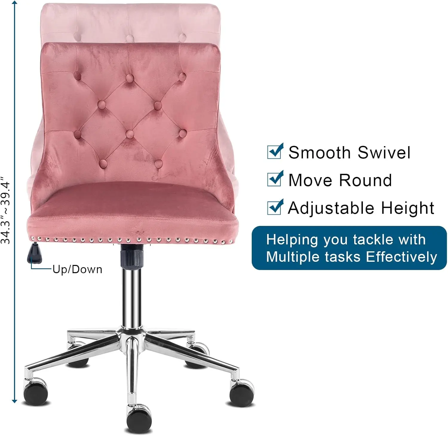 Velvet Office Chair - Modern Upholstered Desk Chair with Adjustable Height, Tilting Mechanism, and Rolling Wheels - Pink
