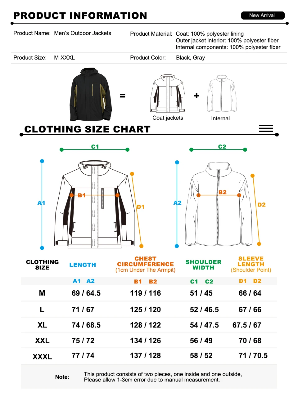 Description Picture 4 of itemBaasploa Men Jackets Windbreaker New Fashion Waterproof Woven Coats for Men Outdoor Comfort Hiking Casual Removable Two Clothes