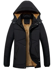 Winter New Warm Fleece Thick Padded Parkas Men Black Hooded Fur Collar Parka Jacket Coat Plus Size Male Fashion Casual Parkas