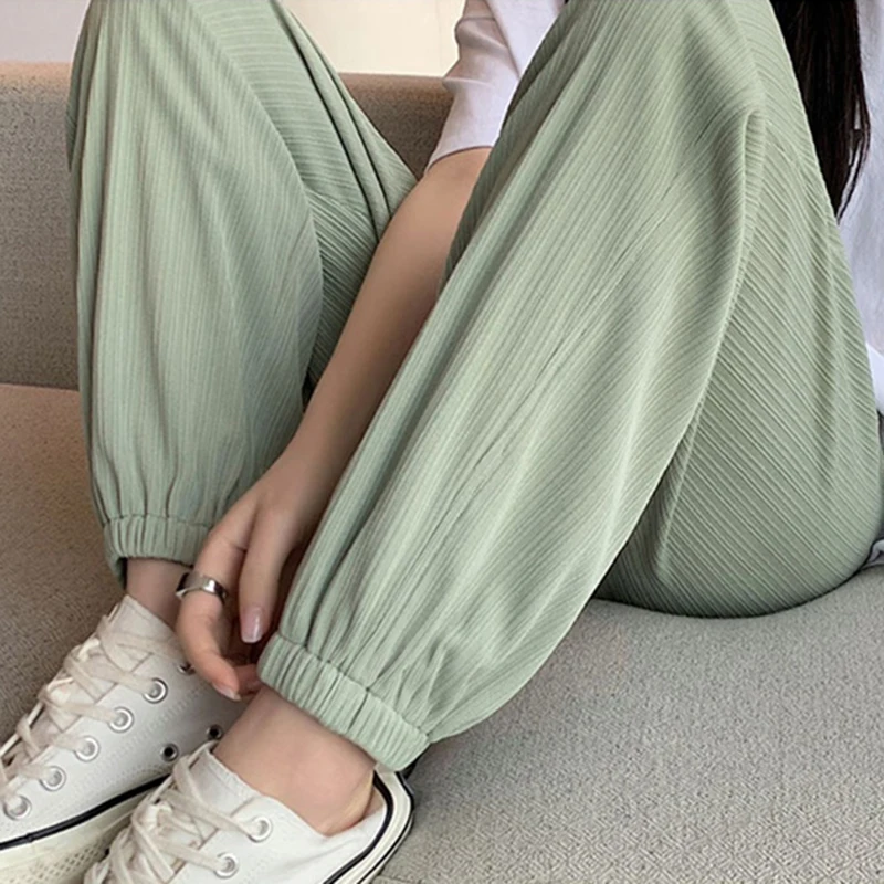 Slim Hem High Waist Maternity Ice Silk Trousers With Pocket Solid Color Pregnant Woman Ankle-length Sports Trousers Casual Pants