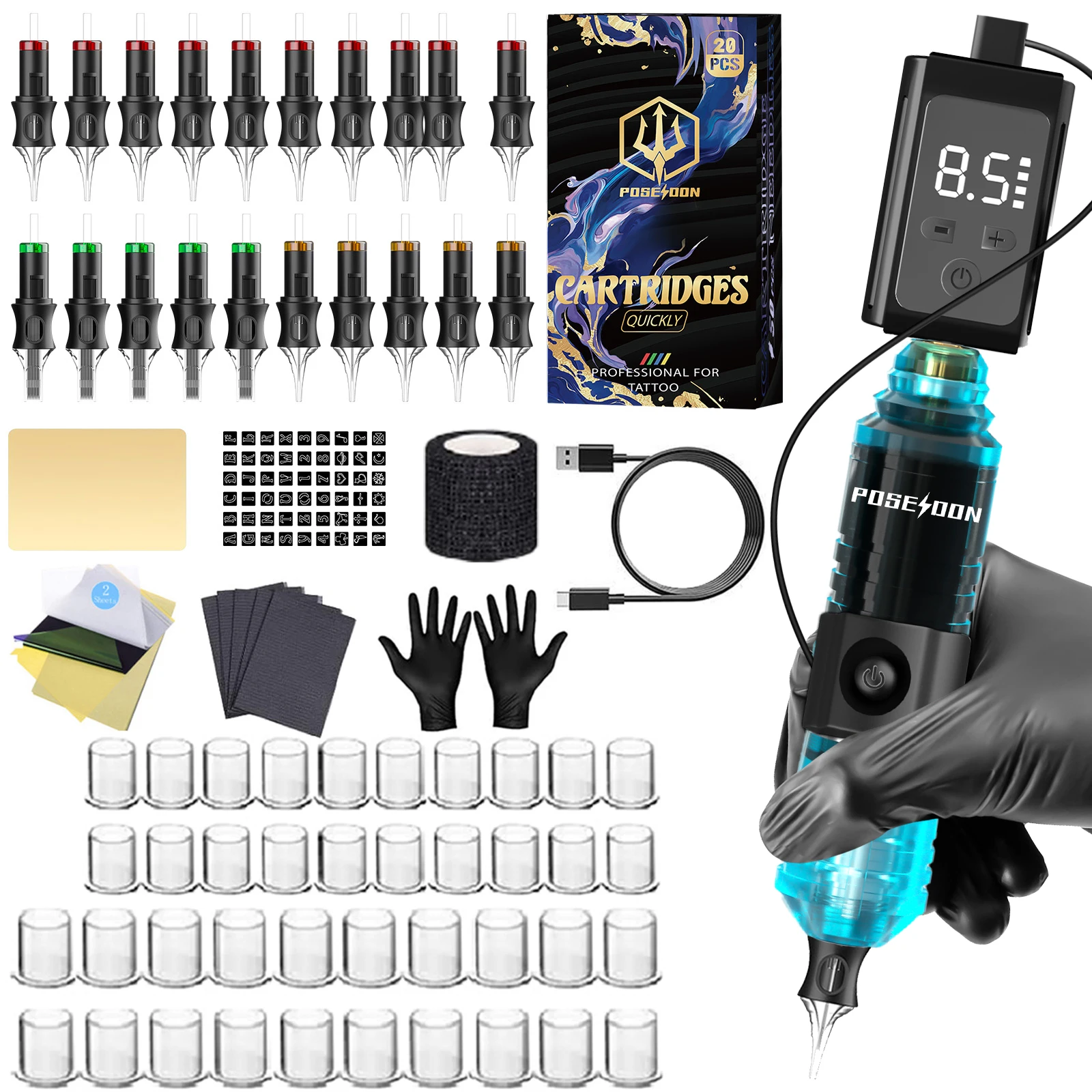 Tattoo Kit POSEIDON V5 Finger Controlled Tattoo Pen Kit For Permanent Makeup Machine Blue Transparent Gun tattoo supplies tattoo kit