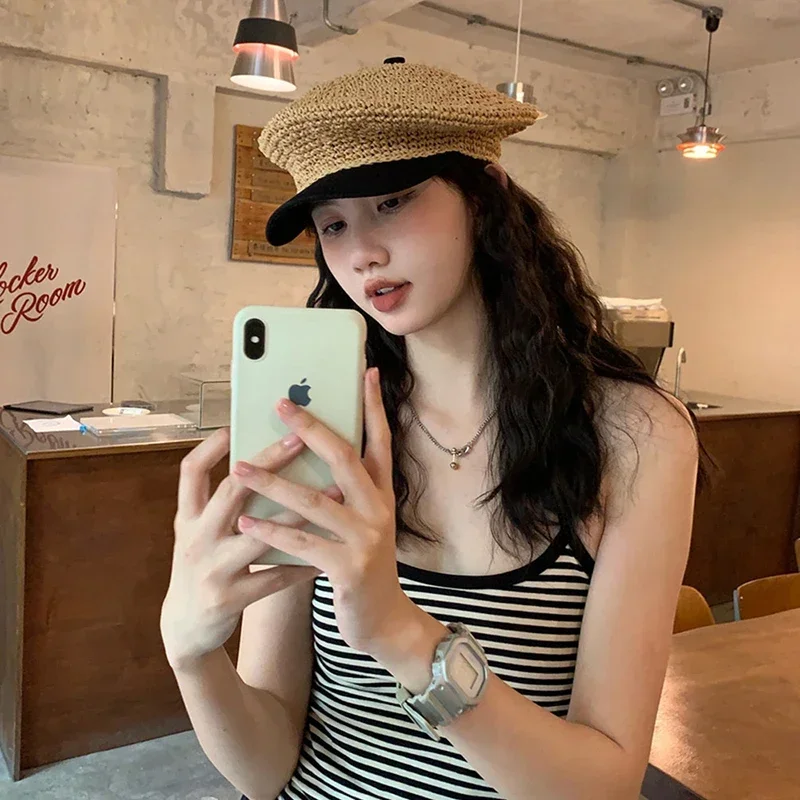 여성용 빨대 직조 베레모 모자, 야외 해변 빨대 모자, 조절 가능한 접합 모자, 우아한 프렌치 베레모, 여름 휴가