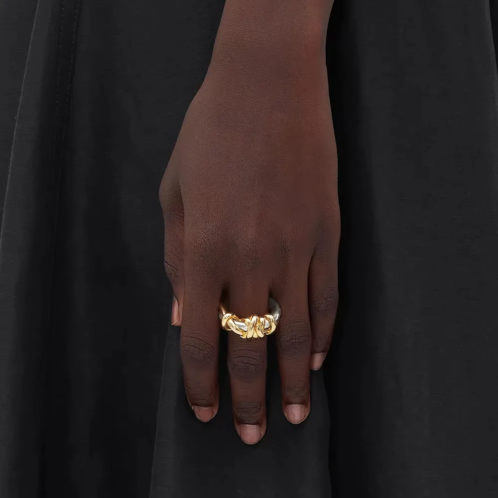 Waterproof Stainless Steel Sparkle Zircon Wedding Ring for Women 18K Gold Plated Two-tone Double-layer Finger Rings Chic Jewelry