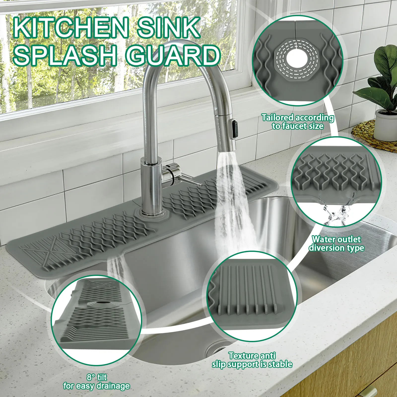 Kitchen Silicone Faucet Mat 24&times;5.7in Faucet Water Catcher Mat Sink Splash Pad Countertop Protector Washable Sink Fast Drying