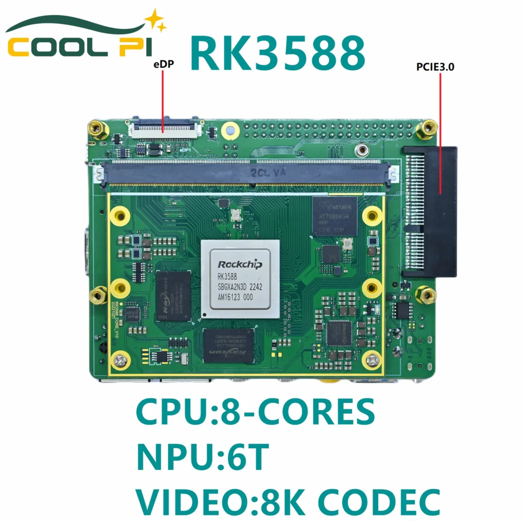

CoolPi CM5 RK3588 8G+64G Board with Cooling Fin;Open Source Code, CPU 8 cores, NPU 6.0 TOPs,GPU Mali-G610, 8K Video Codec