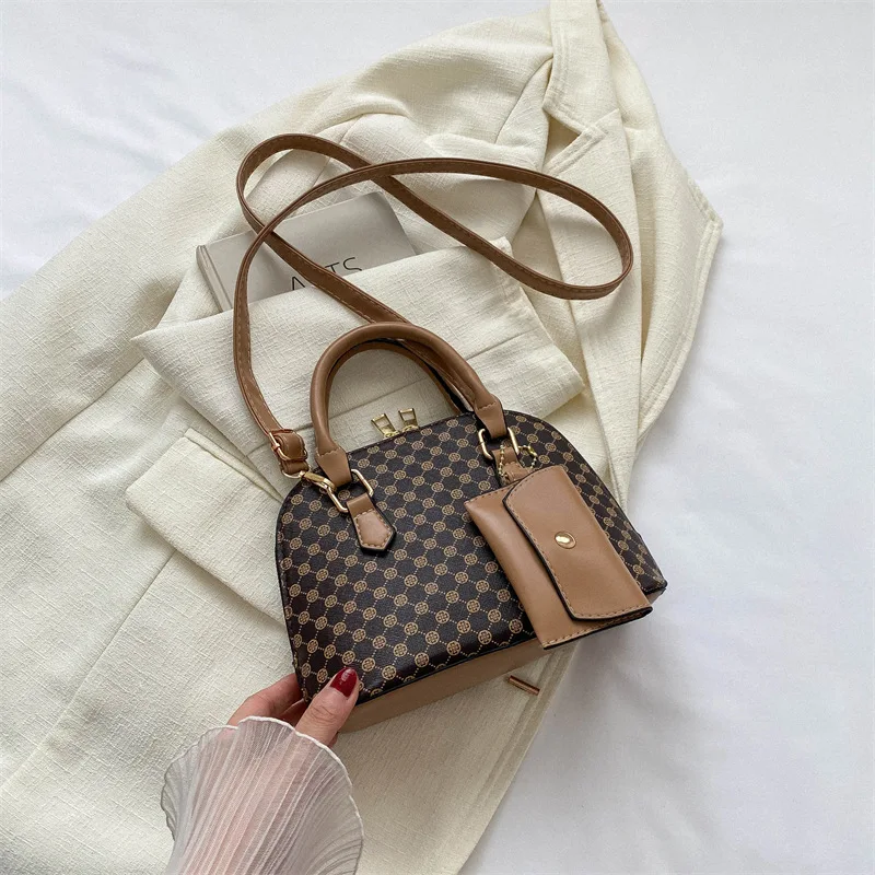 Luxury Shell Fashion Women's Handbag Simple Shoulder Bag Plaid Print Crossbody Bag with Mini Purse