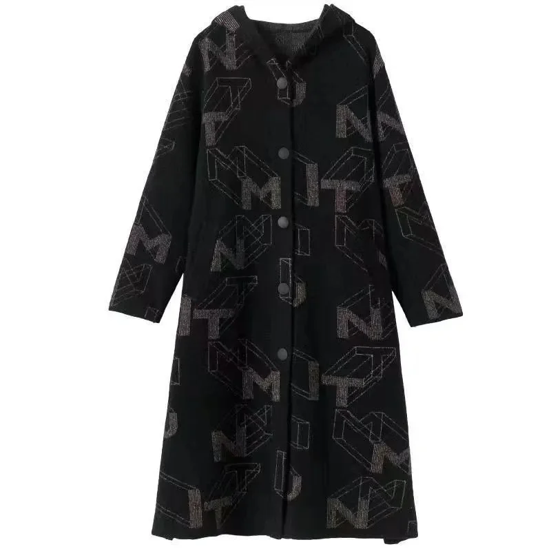 2023 Autumn New Korean Version Loose Slim Thickened Warm Hooded Woolen Coat Medium Length Black Woolen Coat for Commuter Women