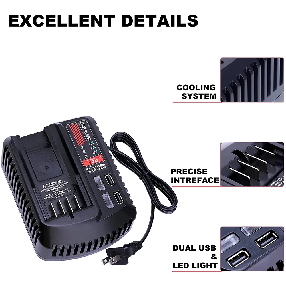 para Craftsman 20v 2a Li-ion Carregador de Bateria Cmcb102 Recarregável Ferramenta Elétrica 100v 240v Carregador de Bateria de Lítio com Usb Duplo - Image 5