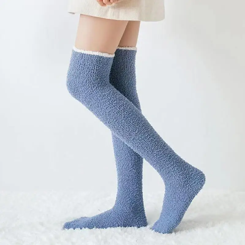 Winter Socks Long Warm Coral Fleece Over-knee High Socks For Women Plush Home Sleep Floor Socking Solid Soft Thigh High Sock