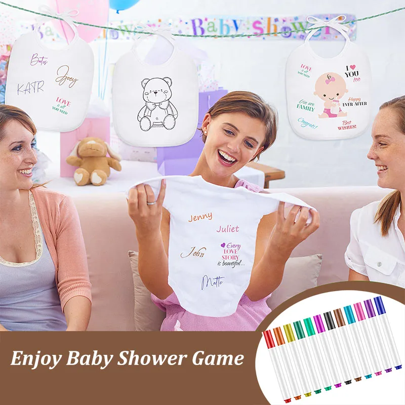 6-30 Sets Baby Shower Game Bibs Bodysuits Gender Reveal White Baby Boys Girl Bib Newborn Clothes Infant Fabric Marker Stencils 3