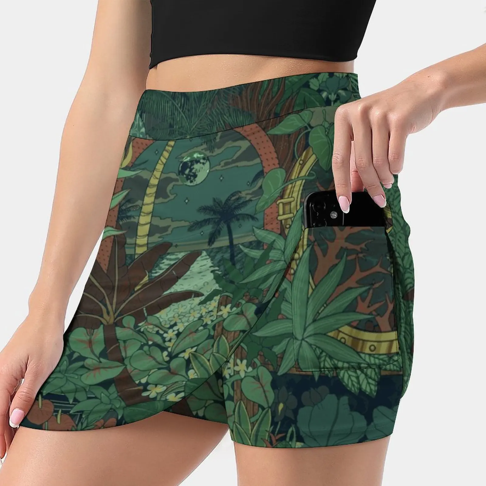 

Green Dusk Women Sports Lining Skirt Tennis Dance Fitness Short Printed Skirts Tropical Moody Plants Nature Green Night