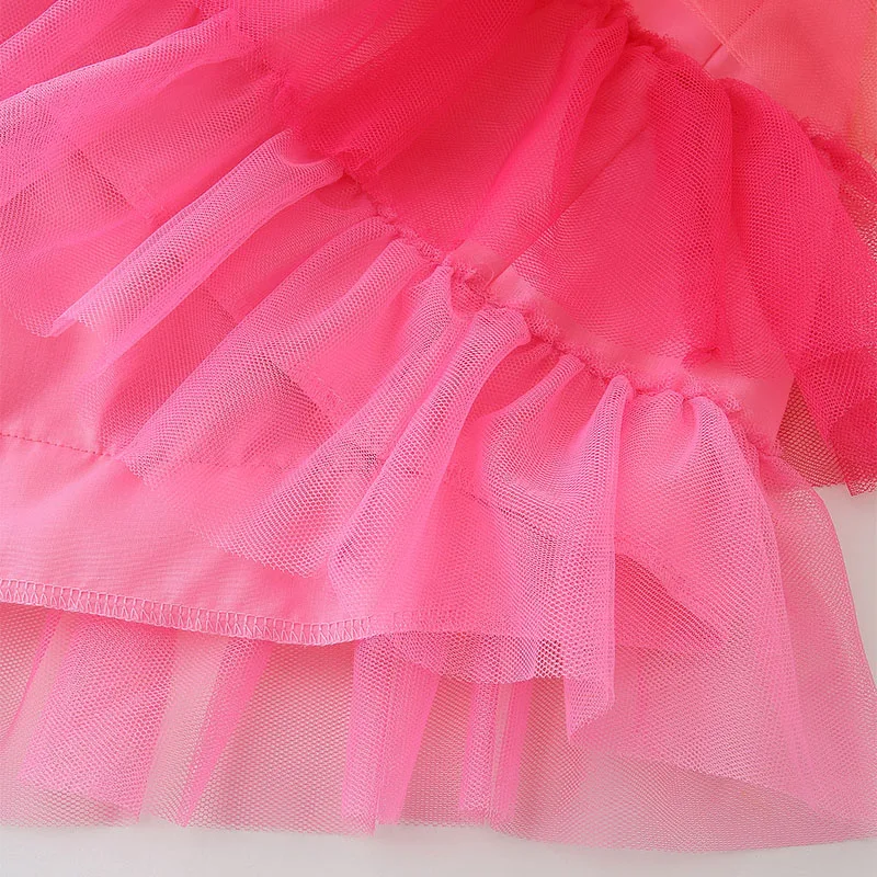 Kids Clothes Summer Children 's Clothing Baby Girls Cotton Embroidery Cartoon Flamingo Multilayer Mesh Dresses