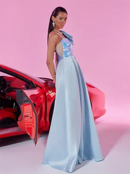 فساتين سهرة أنيقة من الساتان الأزرق برقبة على شكل حرف V طويلة فاخرة للنساء من الساتان بدون أكمام لحفلات الزفاف وحفلات الكوكتيل 2