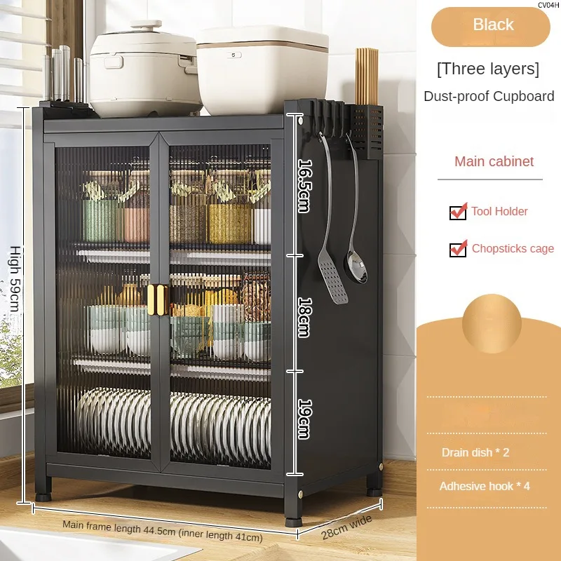 Compact Kitchen Storage Cabinet with Hooks and Plastic Doors &ndash; Durable Iron Frame Space-Saving Dish Organizer for Kitchens