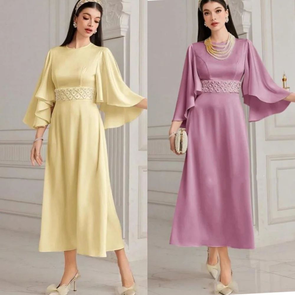 

Evening Prom Dress Saudi Arabia Satin Draped Pleat Ruffles Quinceanera A-line O-Neck Bespoke Occasion Gown Midi Dresses
