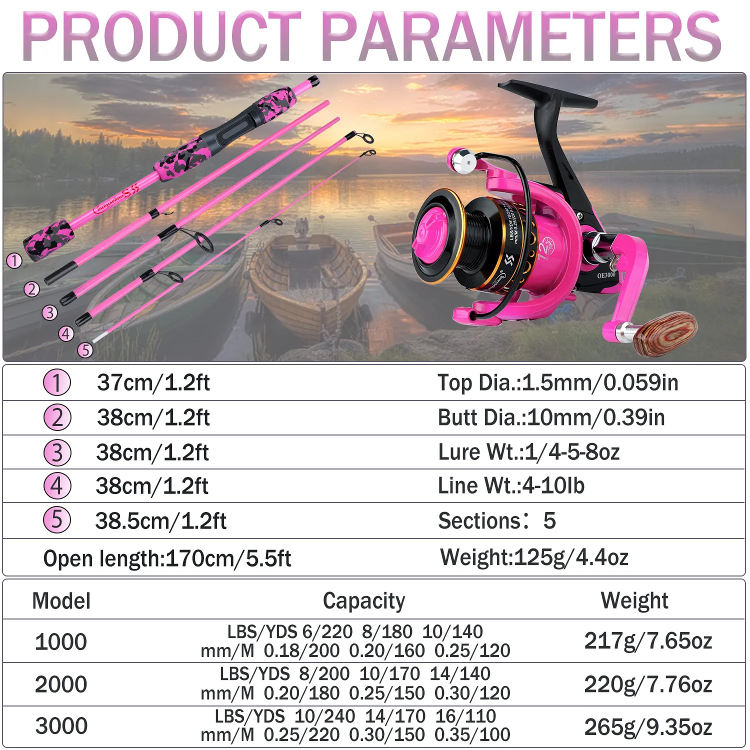 Sougayilang Portable 5 Sections Fishing Rod Combo Fishing Rod and 1000 -3000 Series Spinning Reel Set Pesca Tackle