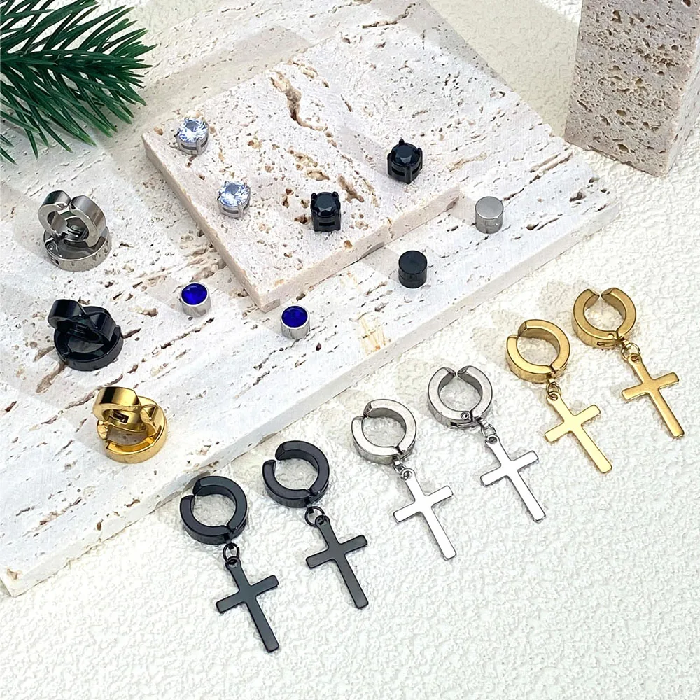 1 Pair/11 Pairs Magnetic Cubic Zirconia Fake Stud Earrings Clip on Non Pierced Dangle Cross Hoop Earrings Set for Men Women hoop earrings,stud earrings,ear clip earrings,clip earrings,ear clip,ear accessories,magnetic earrings