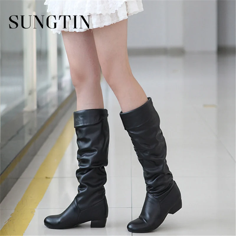 Sungtin White Black Women PU Leather Knee High Boots Fashion Classic Cosplay Boots Brown Ladies Autumn Winter Shoes Long women knee boots