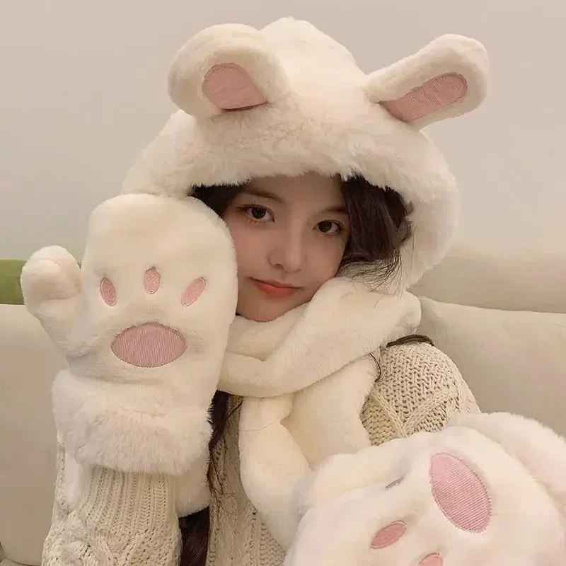 

2023 Bear Hat and Scarf All in One Winter Female High-looking Plush Gloves Cute Bunny Ears Warm Neck Scarf