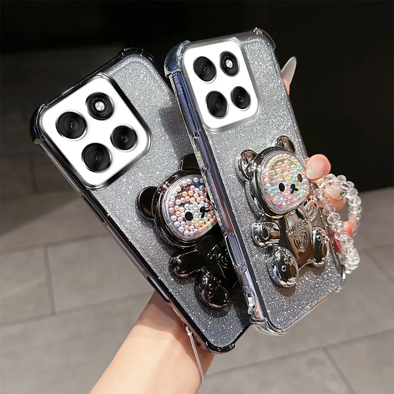 Shockproof Phone Case with 3D Bear Stand and Crystal Chain Lanyard - Transparent and Stylish Design