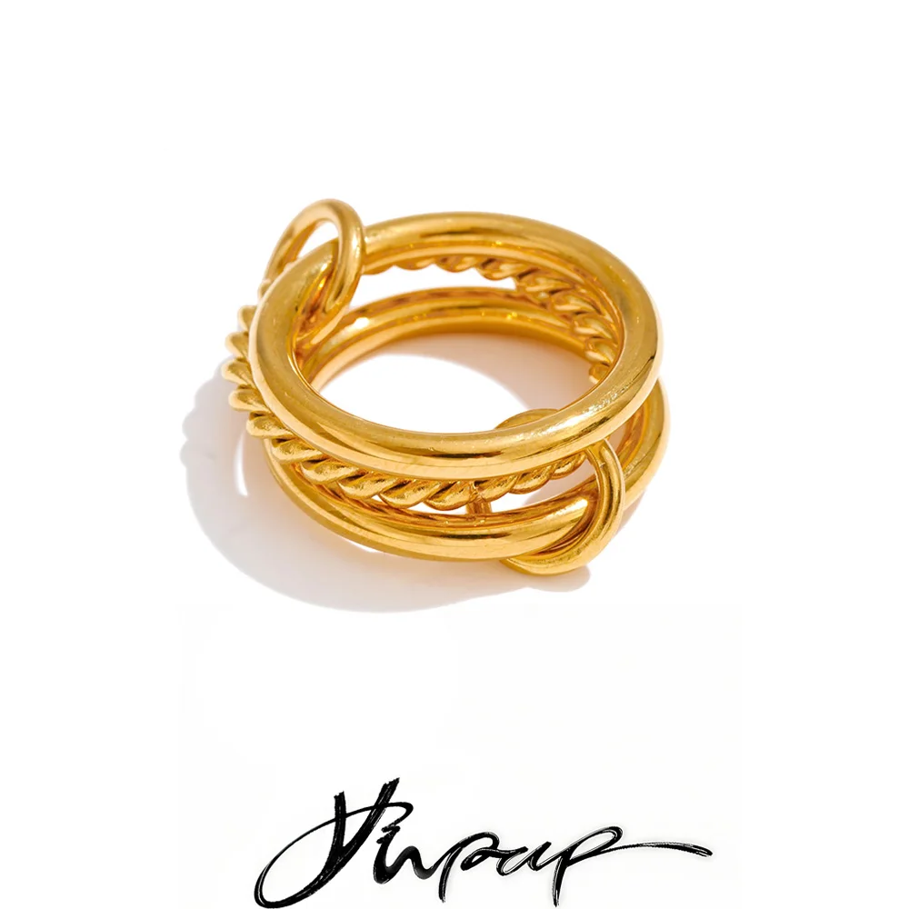 Yhpup Ring Stainless Steel 3 Layered Finger Stacked 2025 for Women Fashion Metal